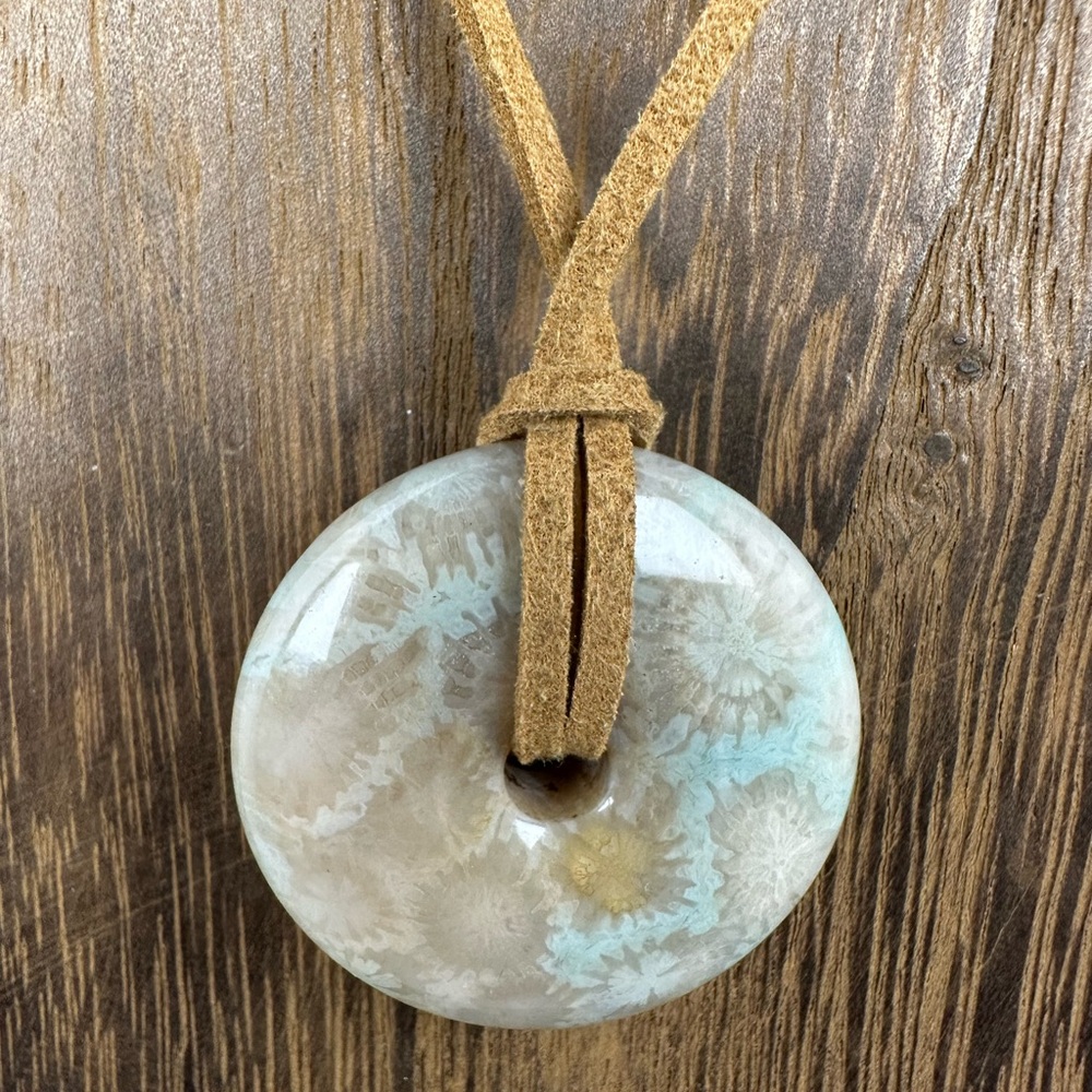 Green Coral Fossil Donut Pendant on Brown Faux Suede - Picture 10 of 11